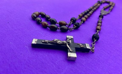 Antique Vintage Ebony Wood Bead Rosary, Virgin Mary, Jesus, FRANCE, Christianity - Image 7