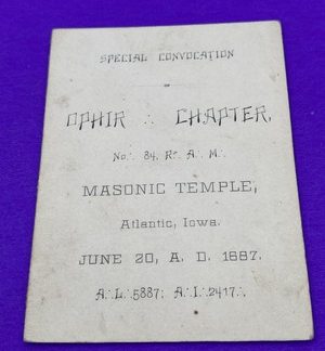 1887 Masonic Convocation Card Ophir Chapter 84 Iowa RAM w/ Novitiates Listed