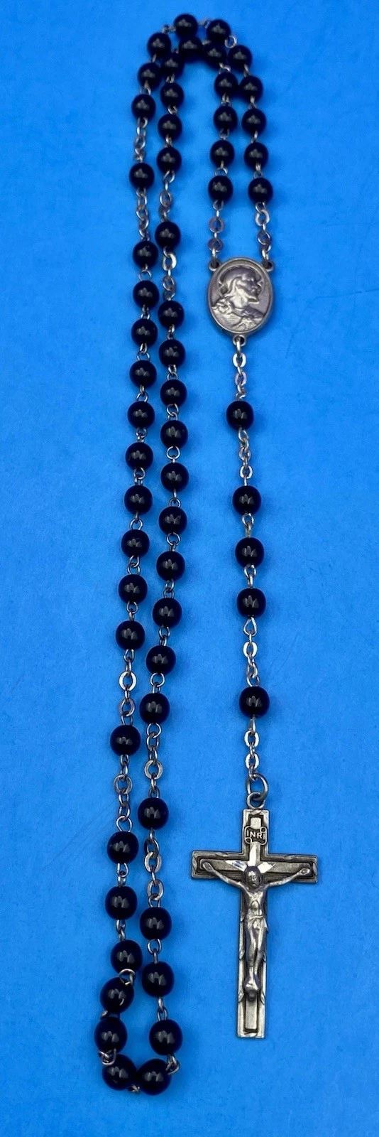 Vintage Beautiful Black Glass Petite Rosary, Jesus, Pewter, Christianity, 15” - Image 6
