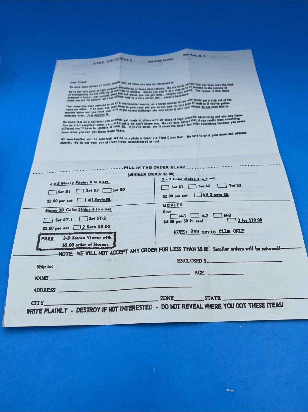 Vintage 1950s Apex Originals Risqué Glamour 8mm Film Order Form Envelope NYC Set - Image 2