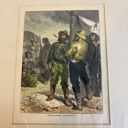 OLD AMERICAN WEST Backwoodsmen & Indians - Antique Colored Print c1880 - Image 3