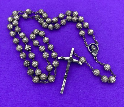 Vintage Textured Metallic Bead Rosary, Mary, Jesus, ITALY, Christianity, 19” - Image 2
