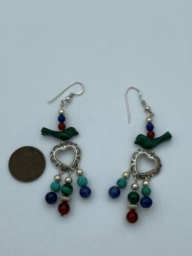 Vintage Native American QT Quoc Multi Gemstone Bead Sterling Silver Earrings - Image 2