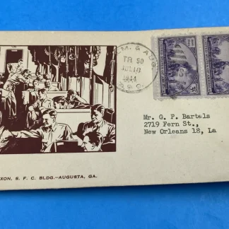 1944 Scott Nixon Train Interior Cachet Cover, Augusta RMS Transfer, Pair 3¢ 922s