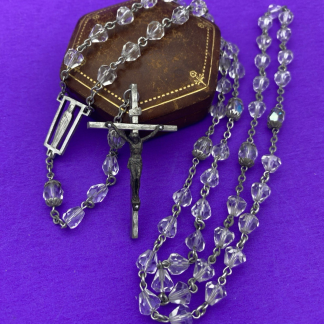 Vintage Clear Crystal Faceted Beads Rosary With Leather Case, Jesus Catholic 23”
