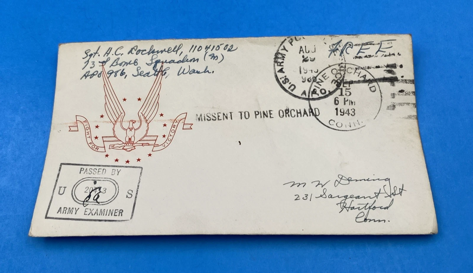 WWII APO 986 Aleutians Free Soldier Mail—Censored, MISSENT to Pine Orchard CT