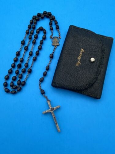 Vintage Black Faceted Glass Rosary w Case, Mary, Jesus, Italy, Christianity, 16” - Image 2