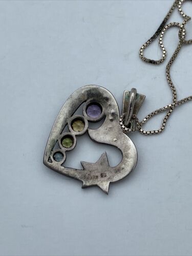 Vintage Sterling Silver Multi Gemstone Marcasite Heart Star Pendant Italy Chain - Image 6