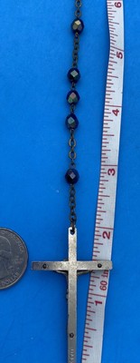 Vtg Peacock-Blue AB Faceted Glass Rosary, Jerusalem Crusader, ITALY Christianity - Image 10