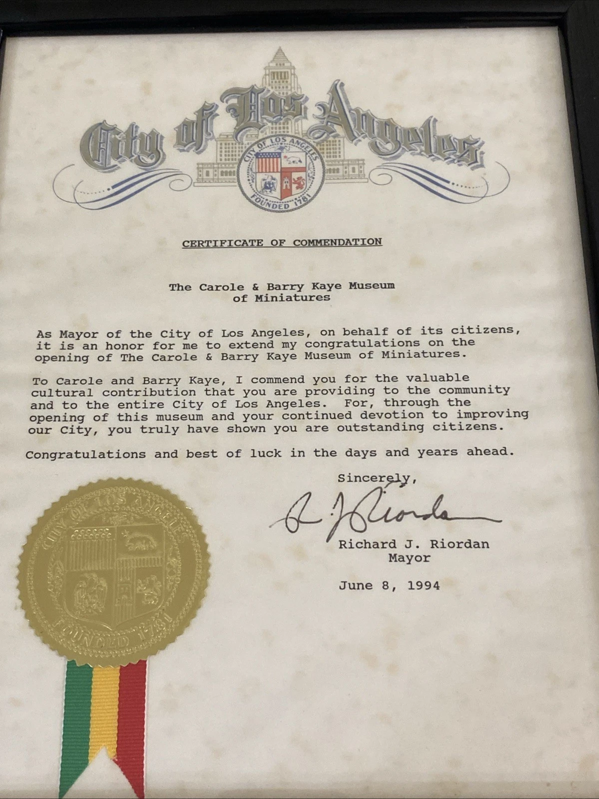 City of Los Angeles 1994 Commendation Signed by Mayor Richard Riordan - Image 4