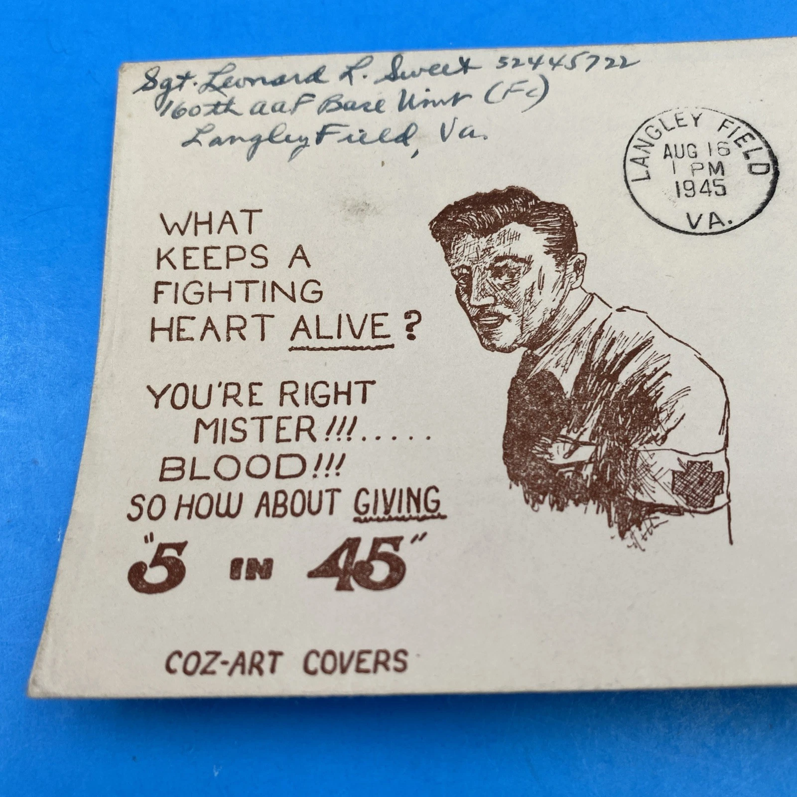 V-J Day 8/15/1945 Langley Field AAF Coz-Art Blood Donor Patriotic Cover Free WW2 - Image 2