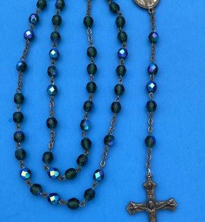 Vintage Peacock Green/Blue AB Faceted Glass Rosary, St Jude, Italy, Christianity