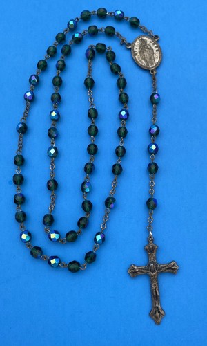 Vintage Peacock Green/Blue AB Faceted Glass Rosary, St Jude, Italy, Christianity