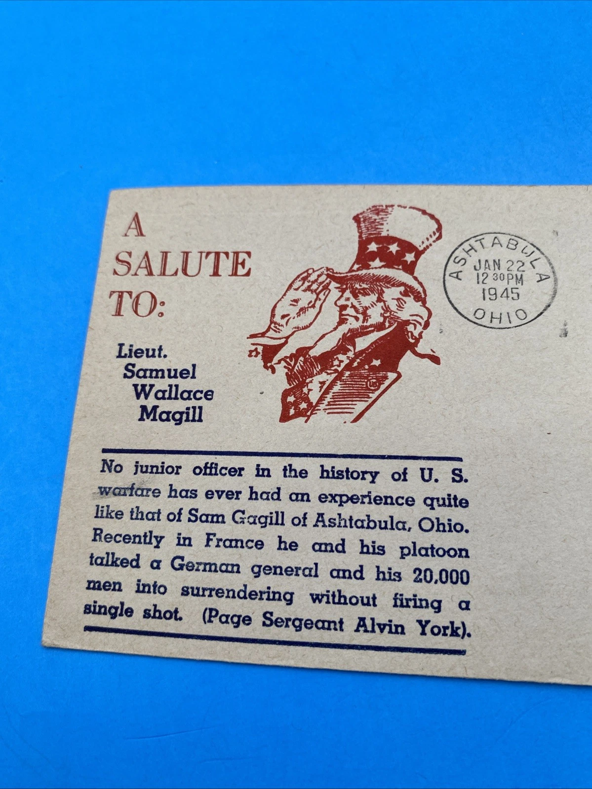 Boone Patriotic Cover 'A Salute' Lt Samuel W Magill Ashtabula OH 1945 3¢ #926 - Image 2