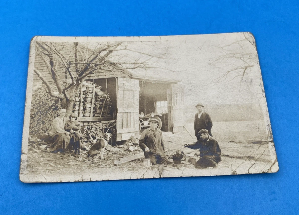 Rare c.1910 AZO RPPC Auto Mechanic Holding Piston Rural Garage Family Farm Scene
