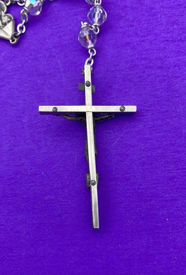 Vtg Aurora Borealis Crystal Faceted Glass Rosary ITALY, Virgin Mary Christianity - Image 9