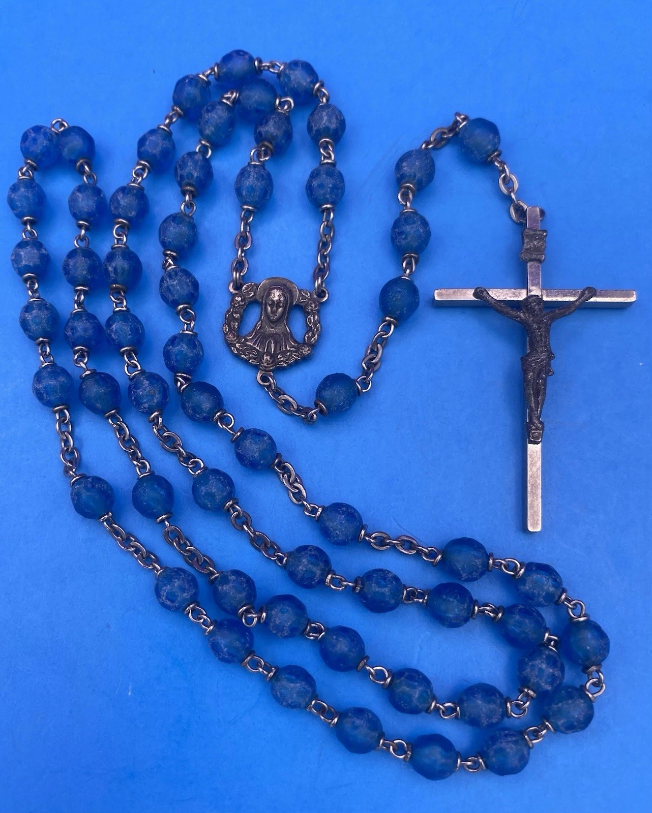 Vintage Blue Textured Plastic Bead Rosary, Mary, Jesus, ITALY, Christianity - Image 3