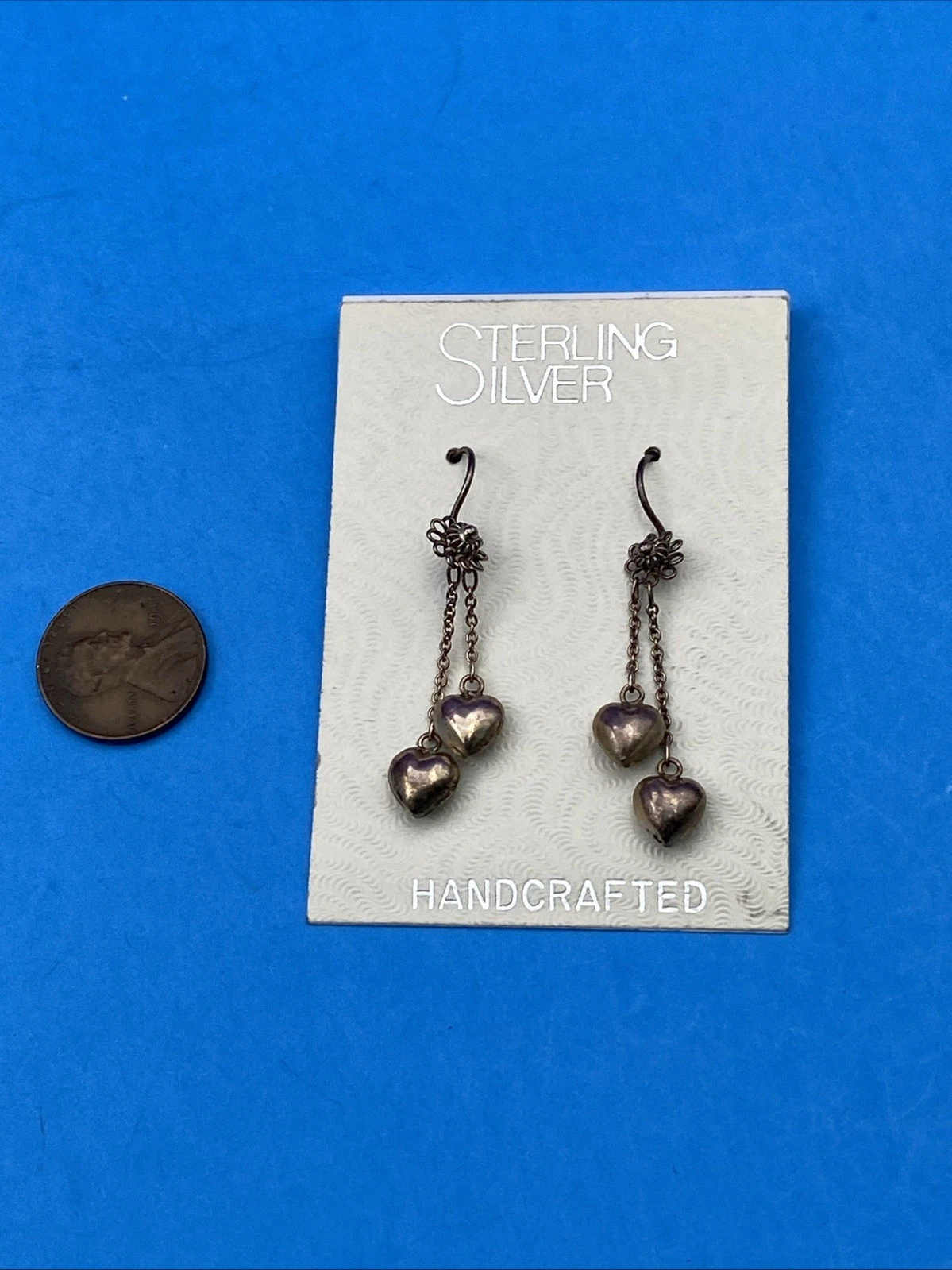 Vintage Sterling Silver Handcrafted Double Heart Drop Dangle Earrings - Image 3