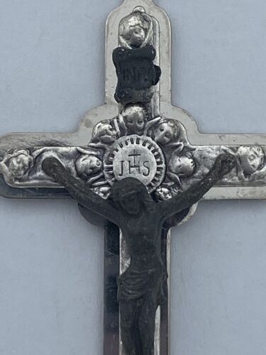 Vtg Black Acrylic Unbreakable Chain Cherub Crucifix Rosary Italy Christianity - Image 9
