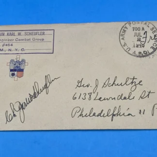 1945 APO 464 Italy WWII Chaplain Karl W. Scheufler Signed Cover, Fifth Army Engr