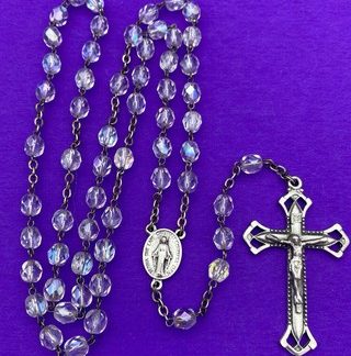Vintage Claudio Cipolletti Aurora Borealis Crystal Faceted Glass Rosary, ITALY