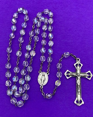 Vintage Claudio Cipolletti Aurora Borealis Crystal Faceted Glass Rosary, ITALY