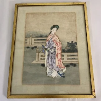 Antique Chinese Silk Painting Woman in Landscape, Framed Art c.1900