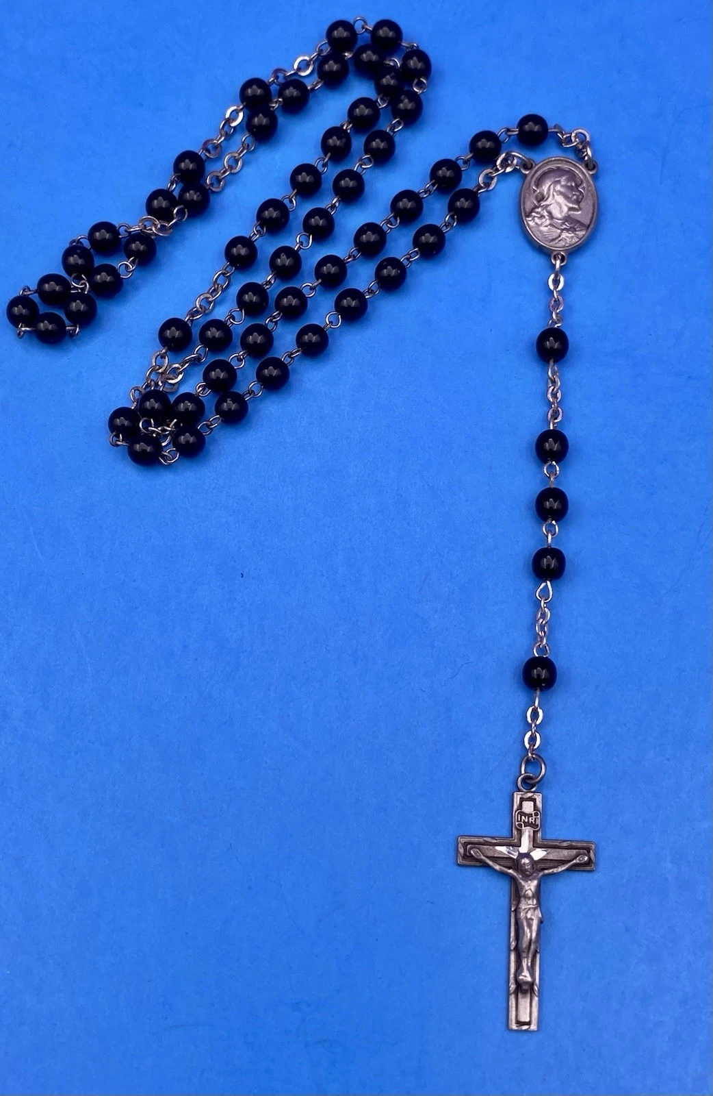 Vintage Beautiful Black Glass Petite Rosary, Jesus, Pewter, Christianity, 15” - Image 5