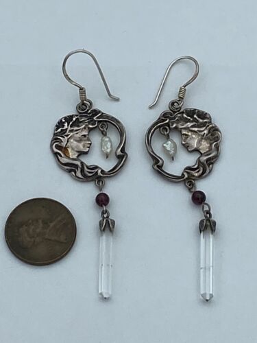 Vintage Sterling Art Nouveau Earrings Sterling Maiden Garnet Pearl Crystal - Image 2