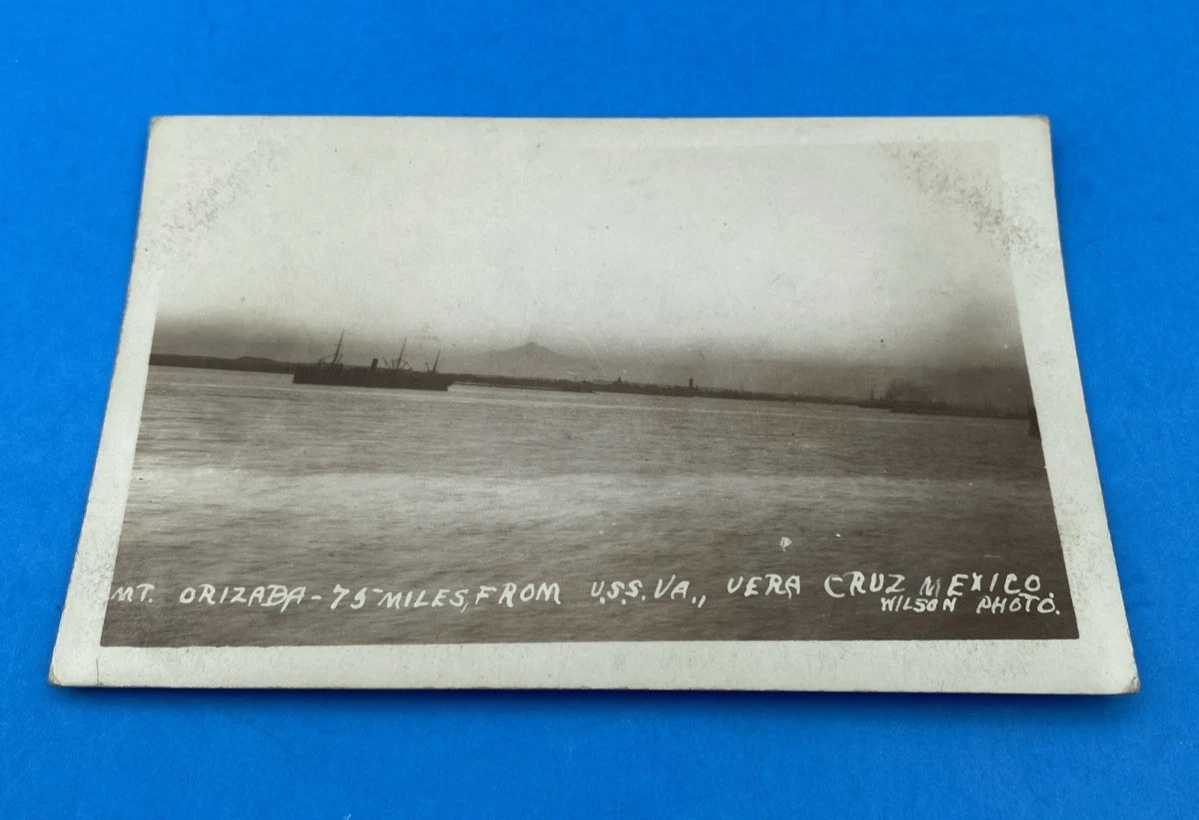1914 USS Virginia Vera Cruz Mexico Mt Orizaba Wilson Photo RPPC AZO Rare US Navy