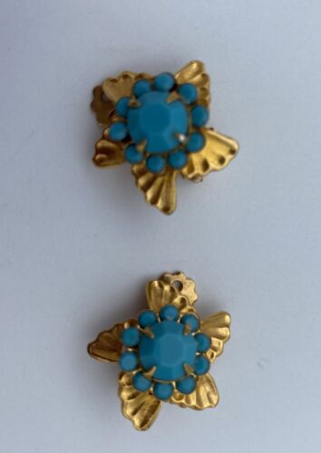 Vtg 1950’s -1960’s Blue Faux Stone Gold Toned Bracelet w/Clip On Earrings Set - Image 7