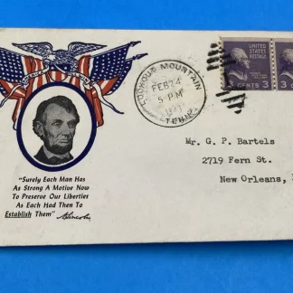 Lincoln Patriotic Cover, Lookout Mountain TN 1941, 6¢ Prexie Pair, Civil War tie