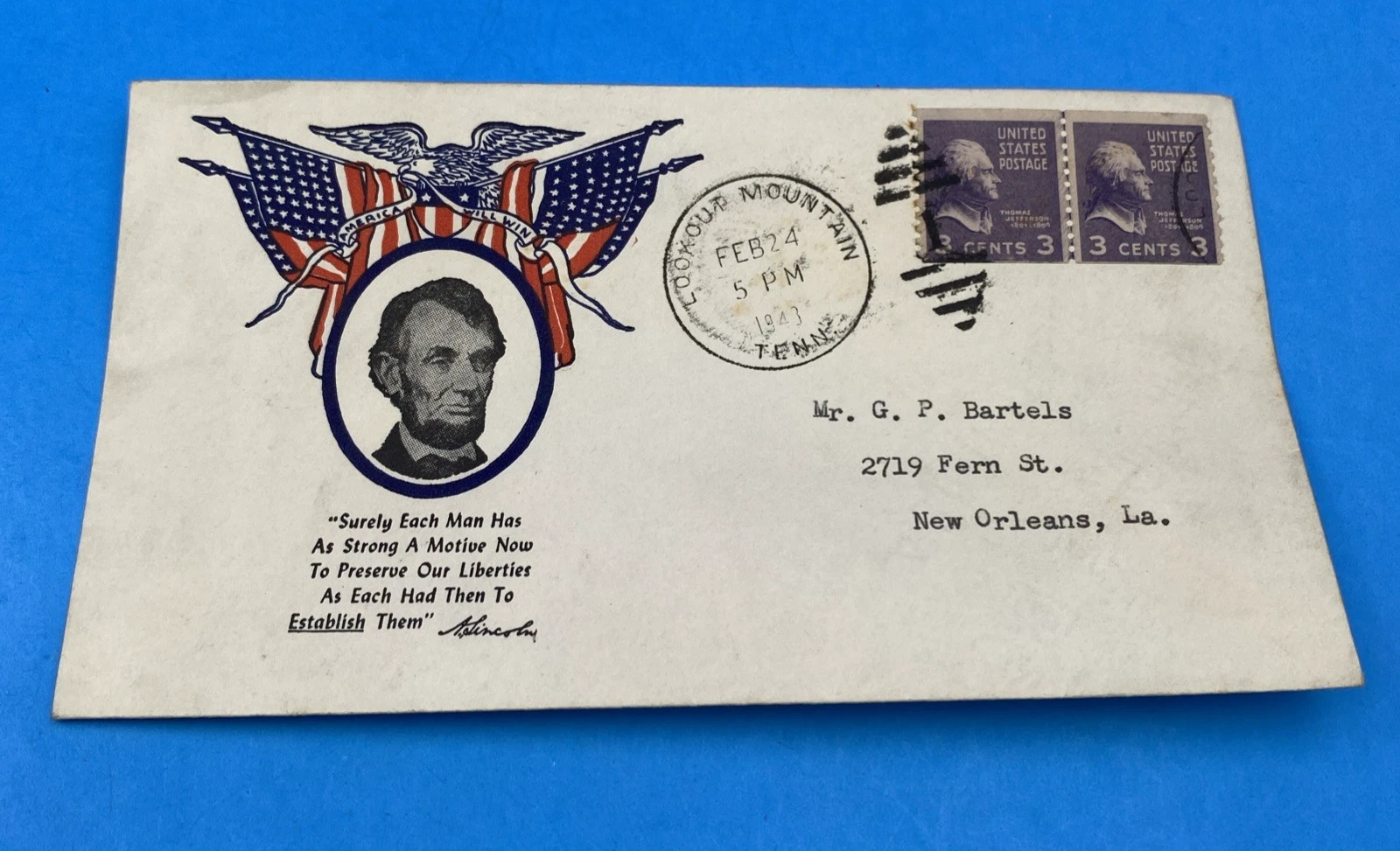 Lincoln Patriotic Cover, Lookout Mountain TN 1941, 6¢ Prexie Pair, Civil War tie