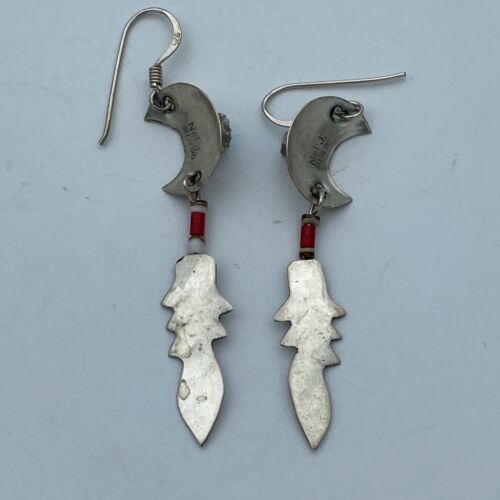 Vintage Navajo Nel J. Sterling Silver Turquoise & Coral Dangle Feather Earrings - Image 3
