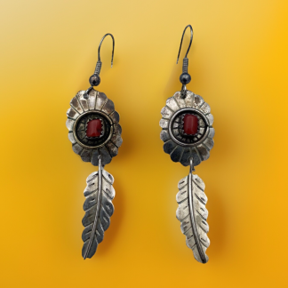 Vintage Southwest Concho Earrings Sterling Feather Coral Flower Navajo