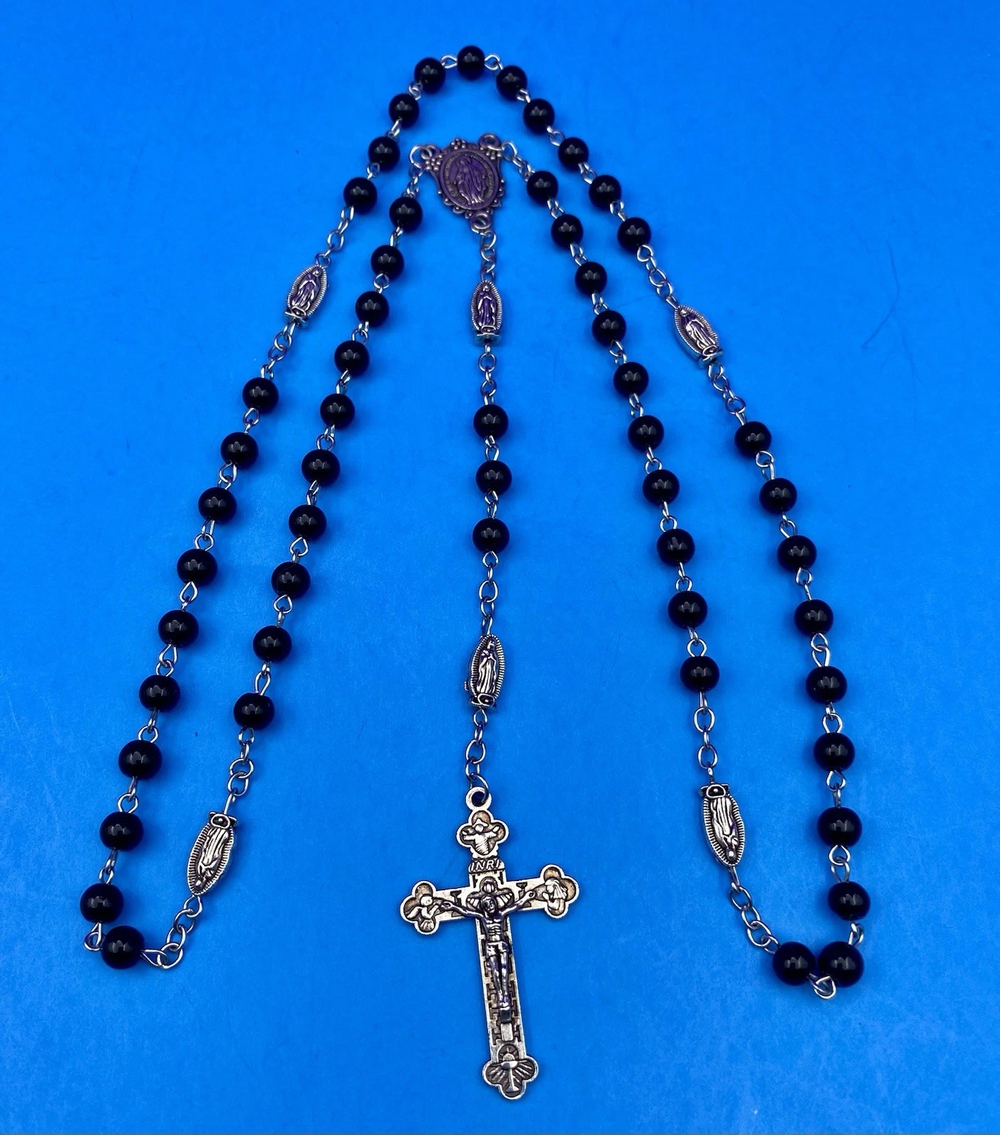 Vintage Black Round Glass Bead Rosary, Virgin Mary, Italy, Christianity 21.5” - Image 6