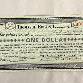 1933 Edison $1 Bank Holiday Scrip Note West Orange NJ Uncancelled S/N 000207A