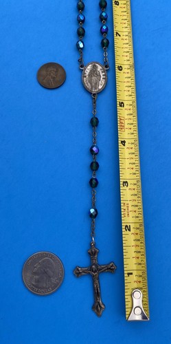 Vintage Peacock Green/Blue AB Faceted Glass Rosary, St Jude, Italy, Christianity - Image 5