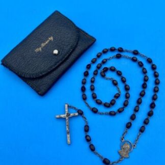 Vintage Black Faceted Glass Rosary w Case, Mary, Jesus, Italy, Christianity, 16”
