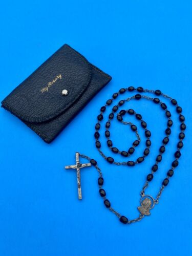 Vintage Black Faceted Glass Rosary w Case, Mary, Jesus, Italy, Christianity, 16”