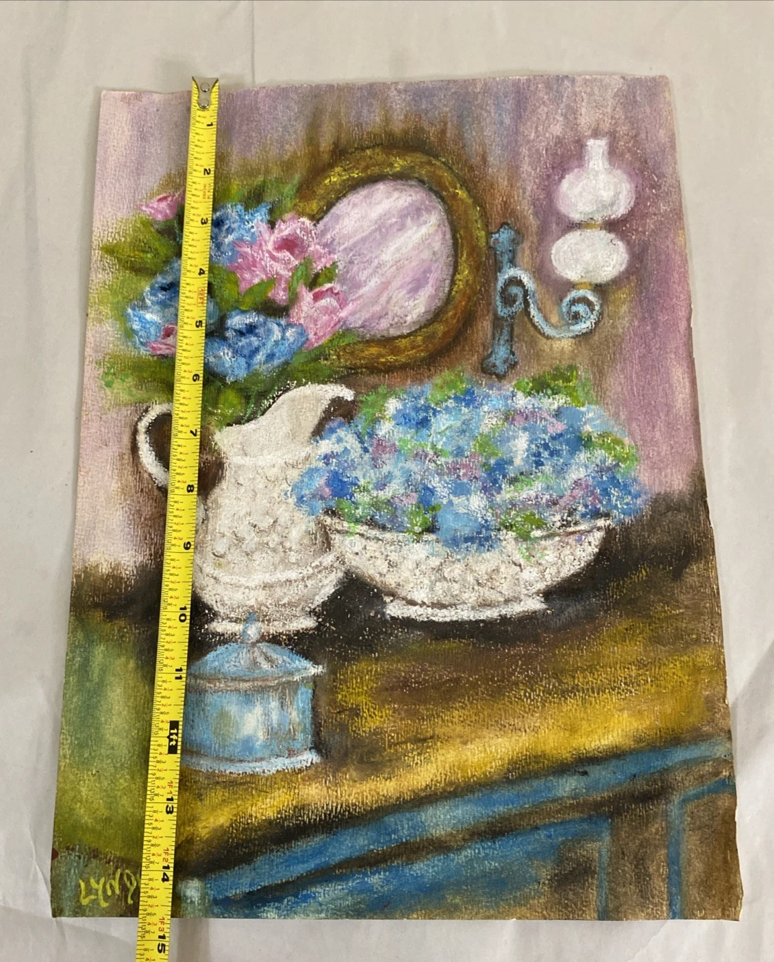 Signed Lynda Pastel Still Life Hydrangeas Pitcher & Mirror on Paper 10.5x14.5 in - Image 6