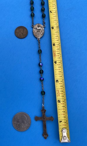 Vintage Peacock Green/Blue AB Faceted Glass Rosary, St Jude, Italy, Christianity - Image 8