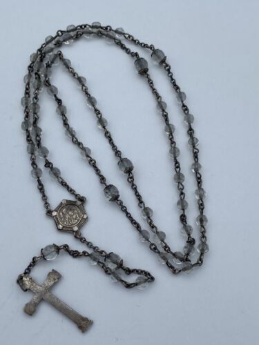 Vtg Rosary Clear Crystal Beads, Sterling Silver, Virgin Mary, Jesus Christianity - Image 2