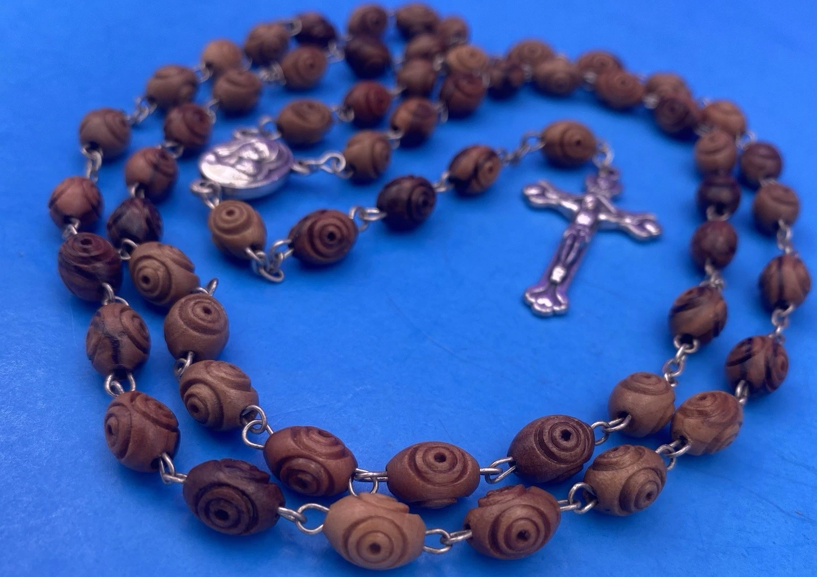 Carved Olive Wood Rosary, Terra Jerusalem Reliquary, Virgin Mary, Christianity - Image 5
