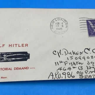 1945 Carpenter Hitler 'His Last Territorial Demand' cachet APO986, Win War 3c CT