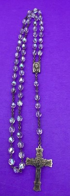 Vtg Aurora Borealis Crystal Faceted Glass Rosary ITALY, Virgin Mary Christianity - Image 6