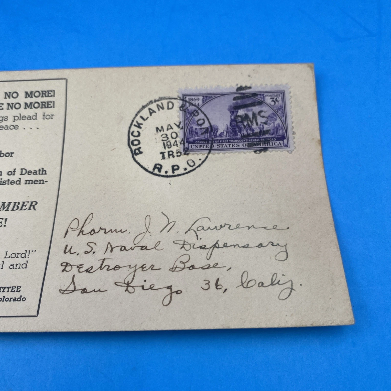 WWII Propaganda Cachet, RMS Rockland ME 1948, 3c Transcontinental Railroad - Image 3