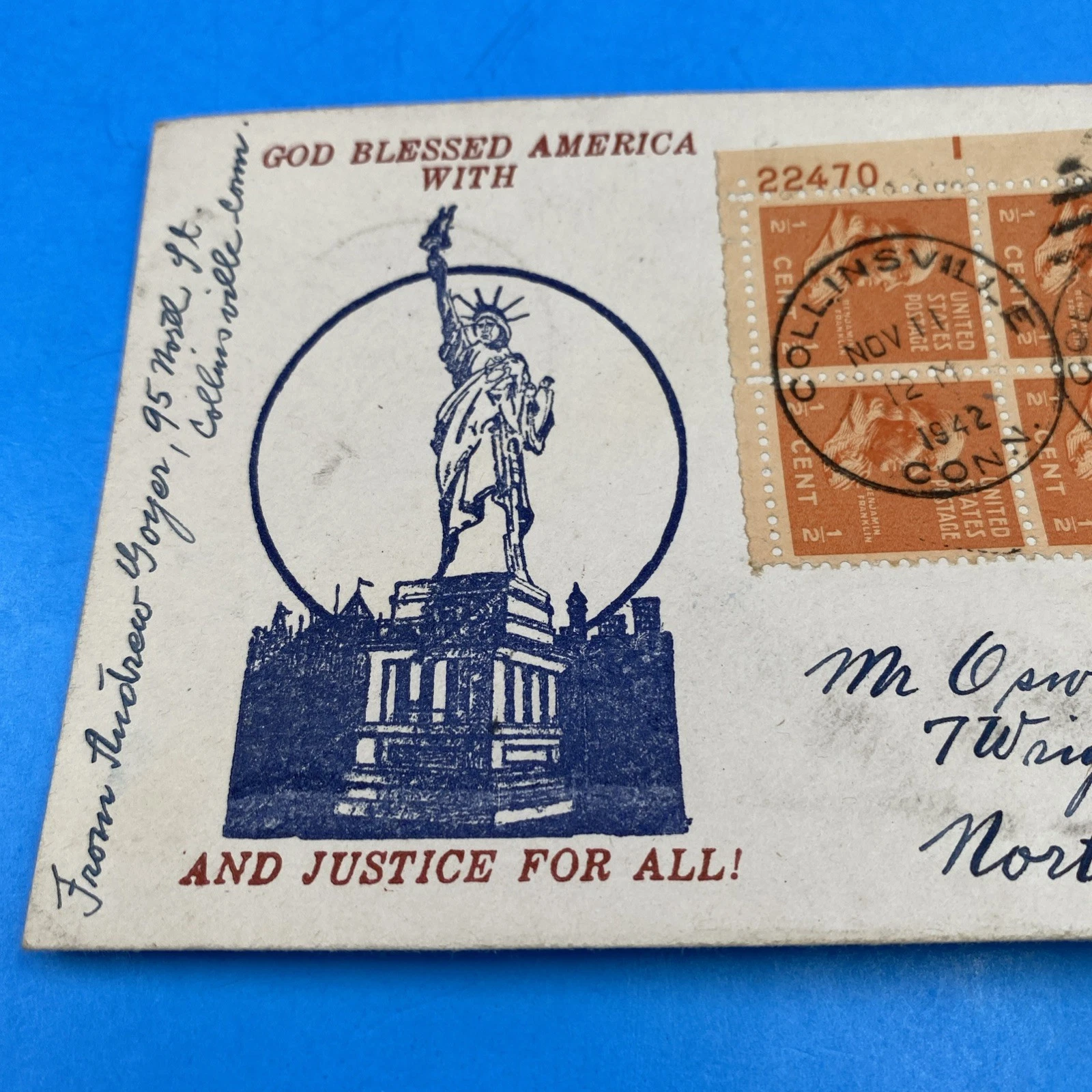 1942 WWII Patriotic Cover Statue of Liberty w/ ½¢ Franklin Plate Block - Image 2