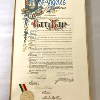 1976 Los Angeles Council Resolution Barry Kaye Signed Seal Framed 12x22