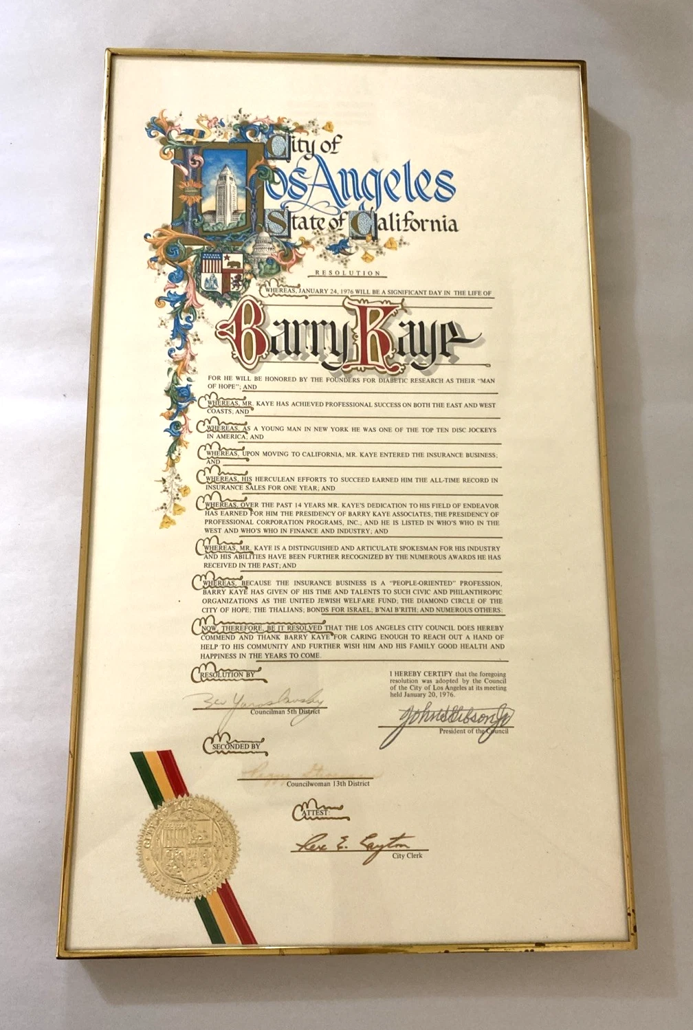 1976 Los Angeles Council Resolution Barry Kaye Signed Seal Framed 12x22